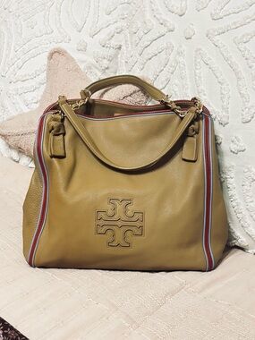 Tory Burch Harper Tan Leather Shoulder Bag with Red & Blue Striped details